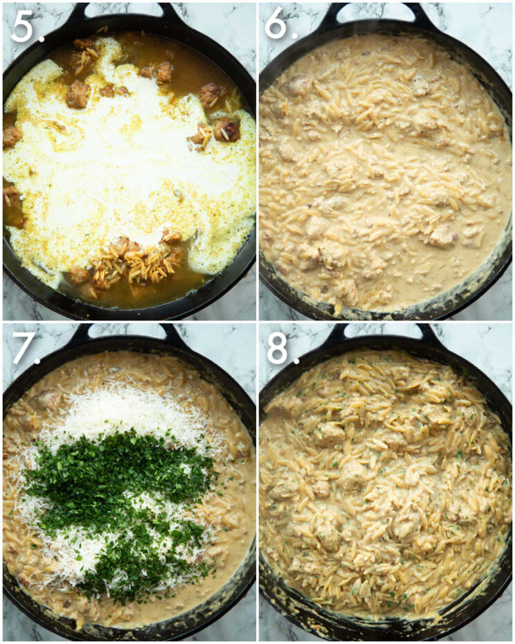 4 step by step photos showing how to make garlic parmesan orzo