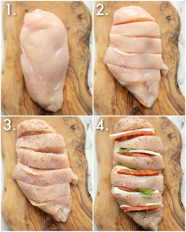 4 step by step photos showing how to make hasselback chicken