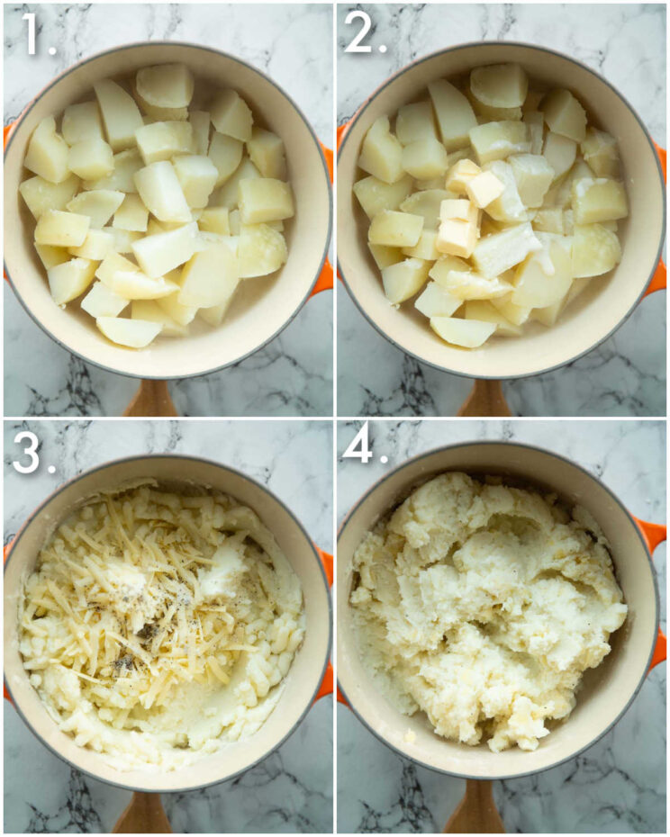 4 step by step photos showing how to make mashed potato
