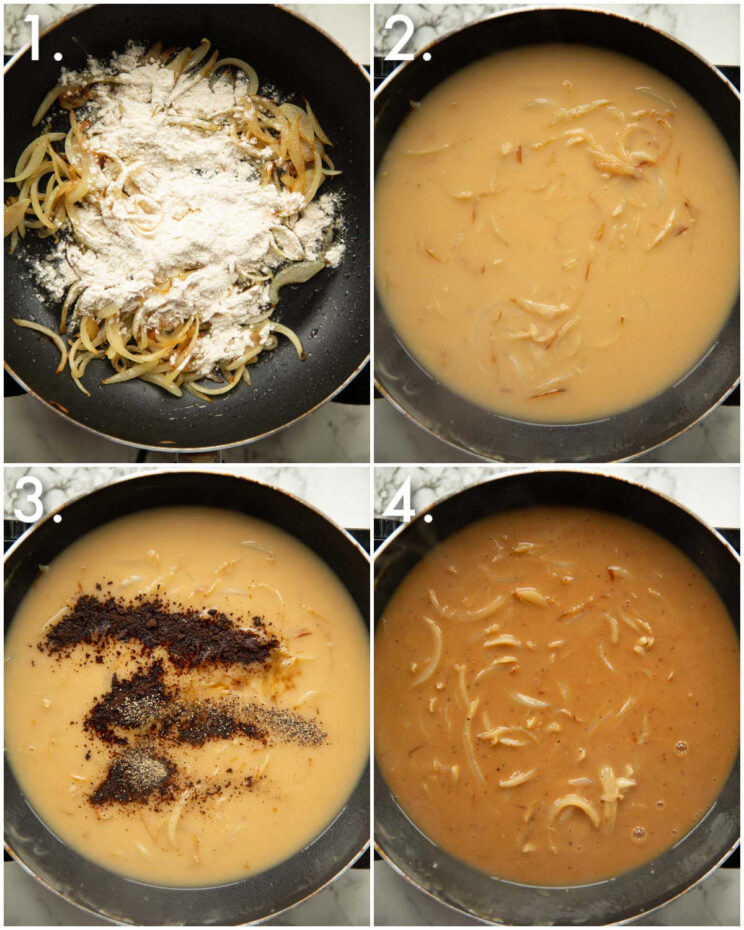 4 step by step photos showing how to make onion gravy
