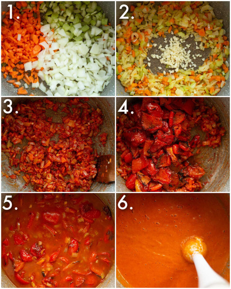 6 step by step photos showing how to make roasted red pepper soup