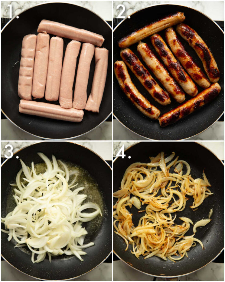 4 step by step photos showing how to make sausage and onions