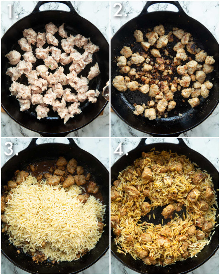 4 step by step photos showing how to make sausage orzo