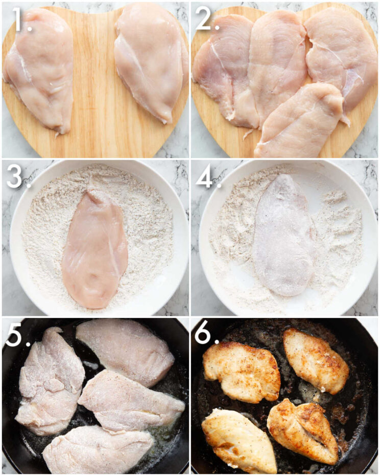 6 step by step photos showing how to prepare chicken breasts