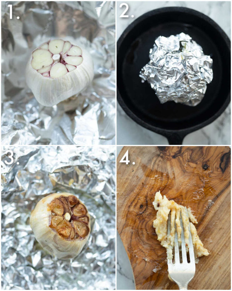 4 step by step photos showing how to roast garlic