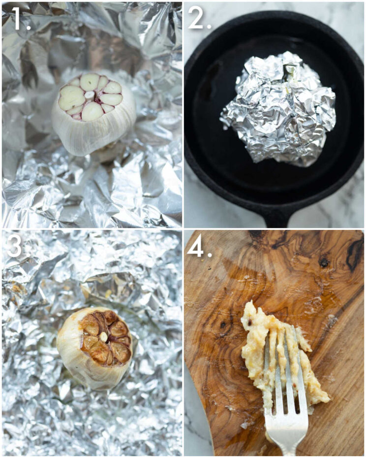 4 step by step photos showing how to roast garlic
