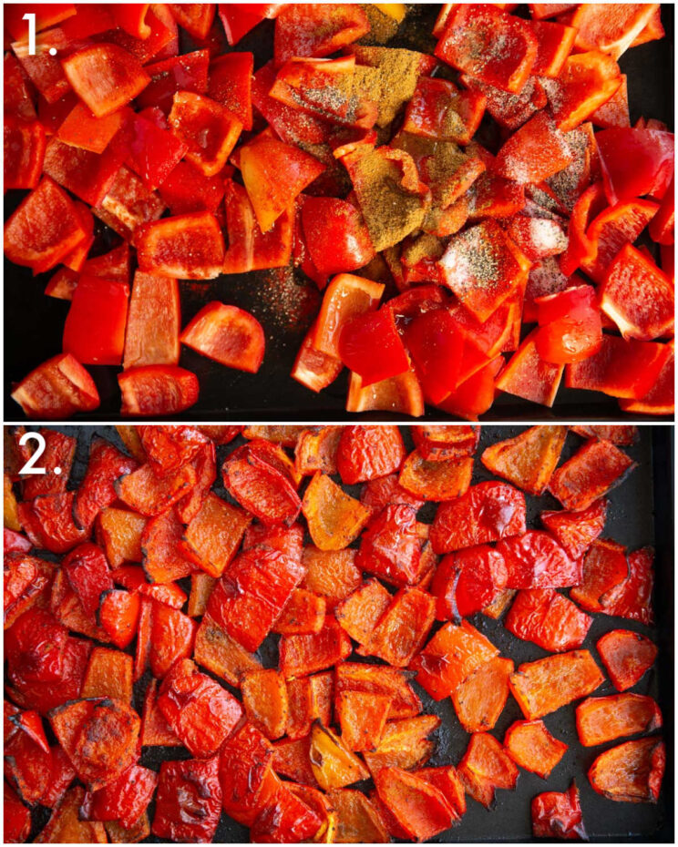 2 step by step photos showing how to roast red peppers