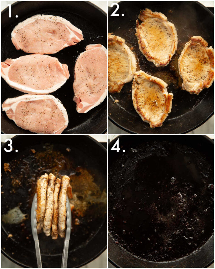 4 step by step photos showing how to fry pork chops