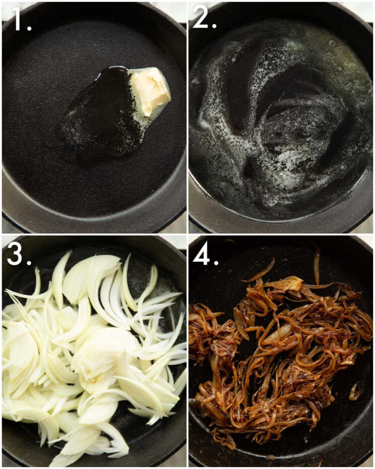 4 step by step photos showing how to make caramelized onions