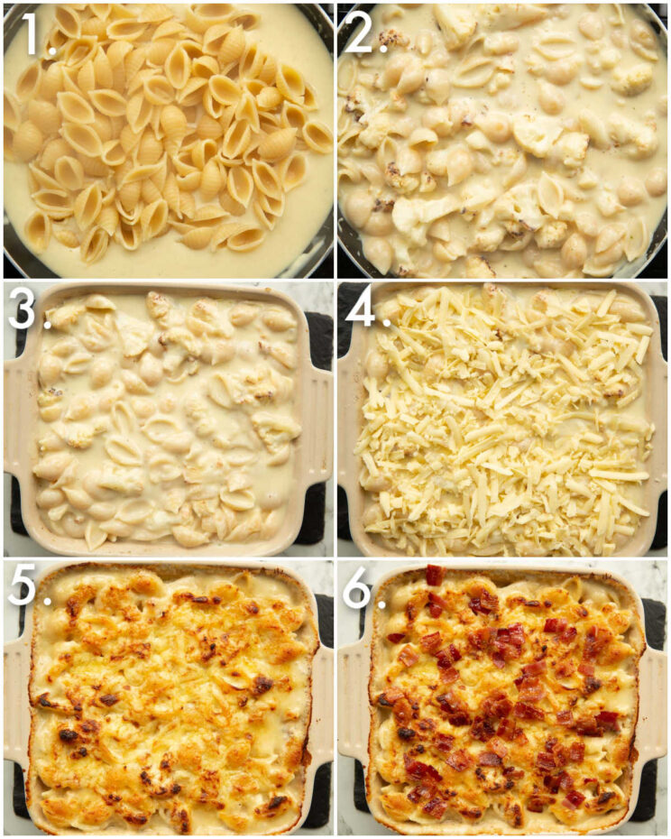 6 step by step photos showing how to make cauliflower cheese pasta bake