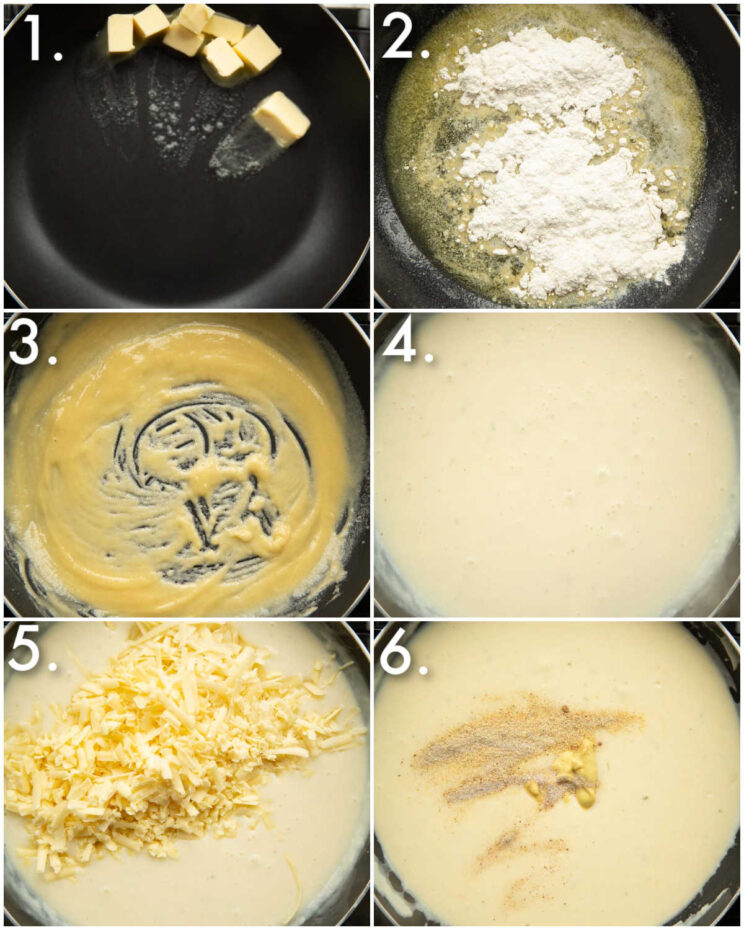 6 step by step photos showing how to make cauliflower cheese sauce