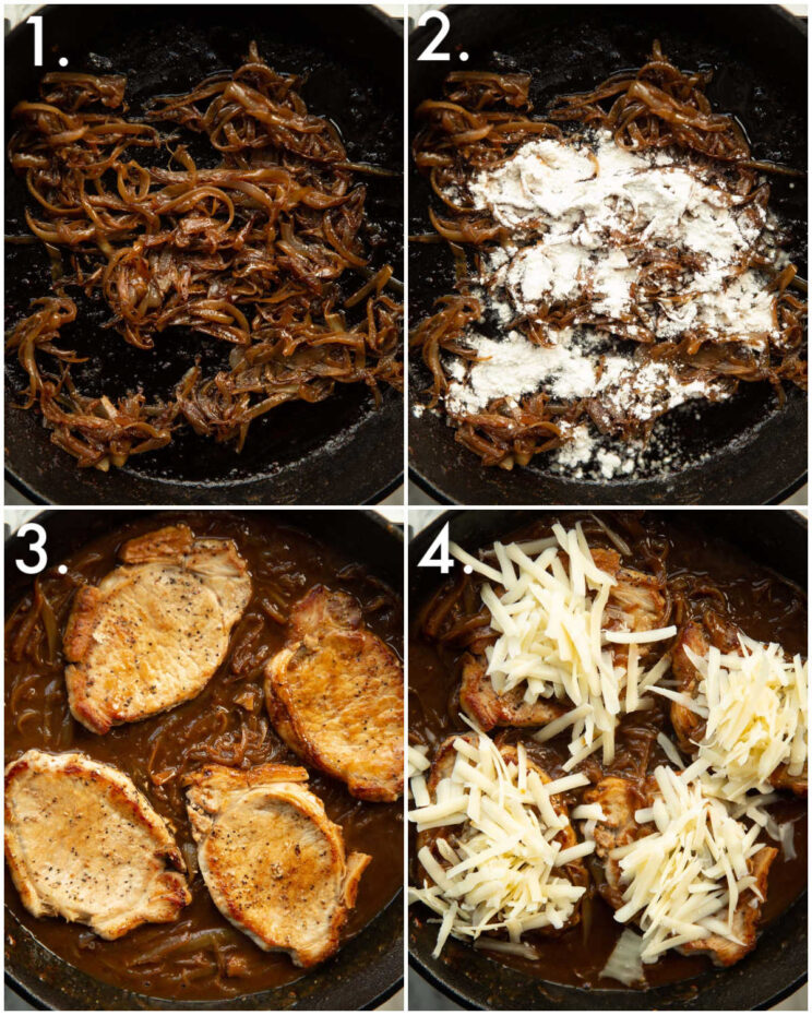 4 step by step photos showing how to make french onion pork chops