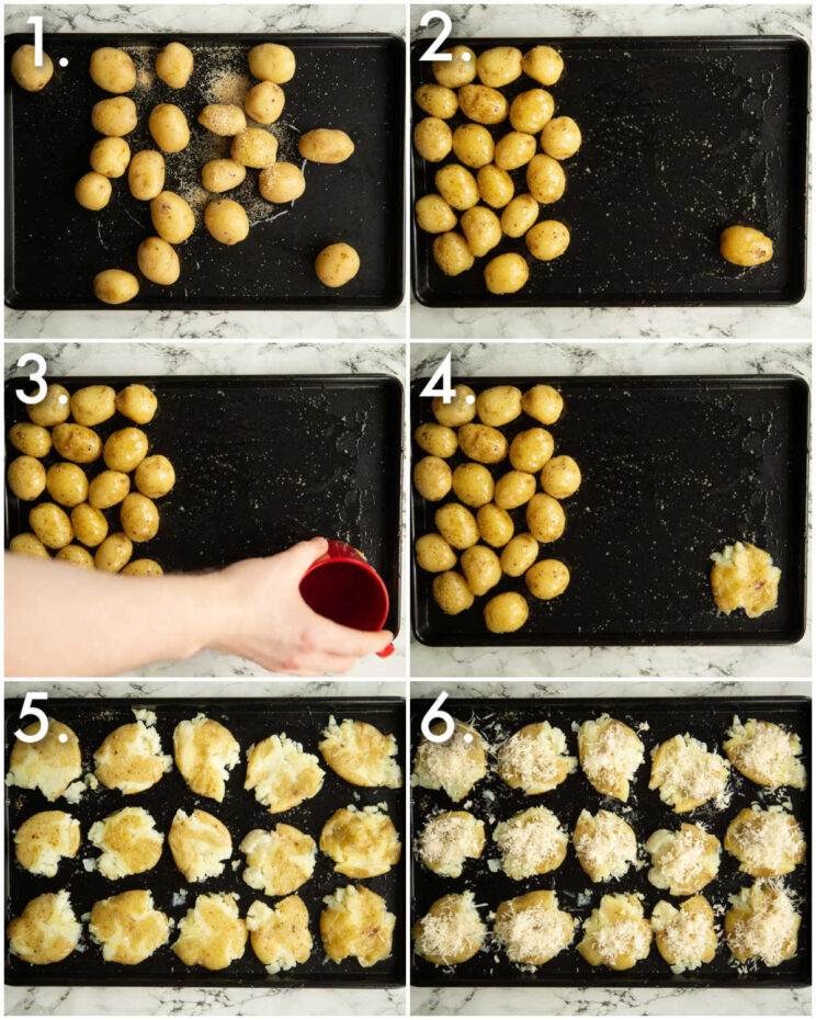 6 step by step photos showing how to make parmesan smashed potatoes