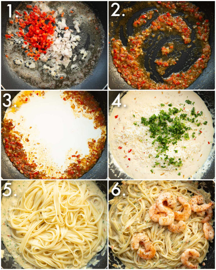 6 step by step photos showing how to make prawn linguine