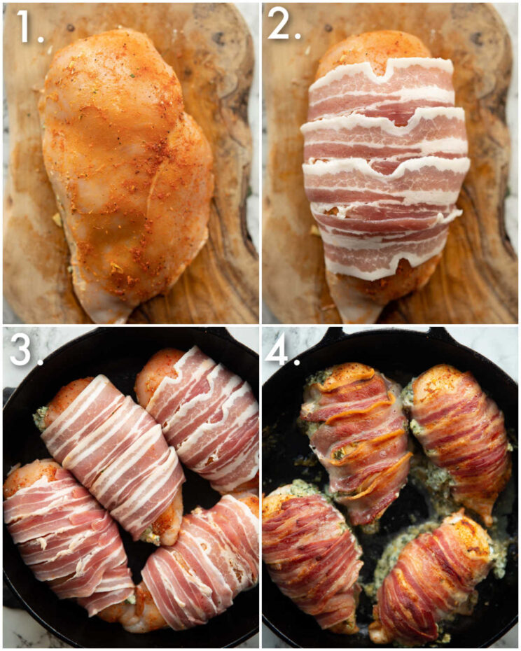 4 step by step photos showing how to make spinach artichoke chicken wrapped in bacon