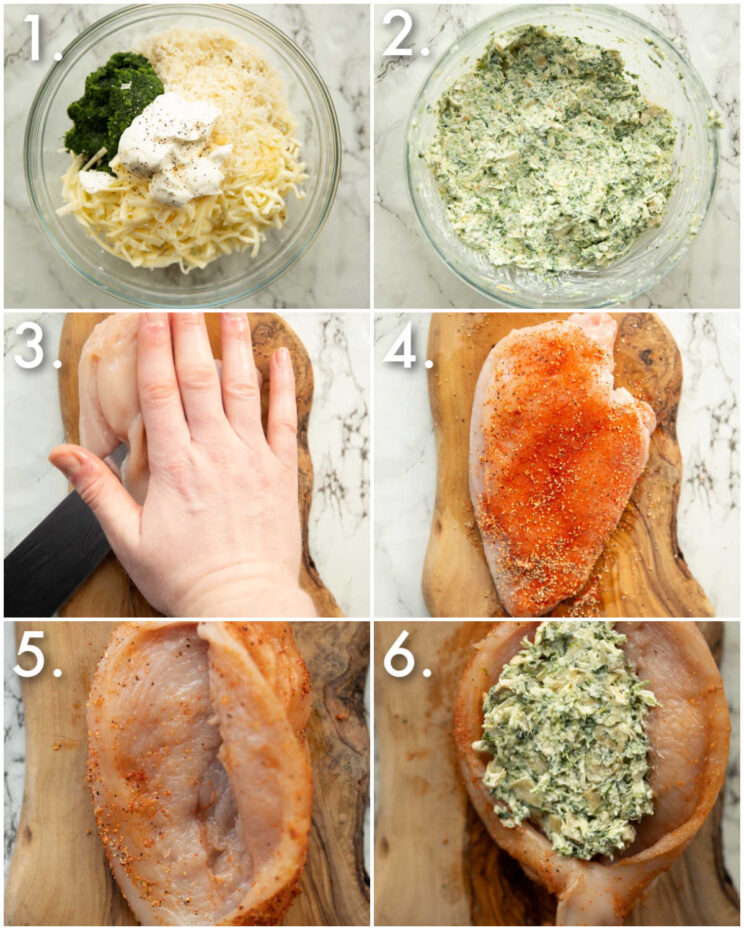 6 step by step photos showing how to make spinach artichoke stuffed chicken
