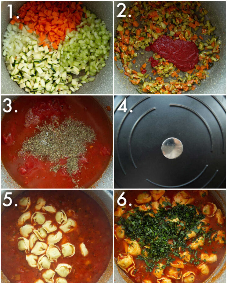 6 step by step photos showing how to make tomato tortellini soup