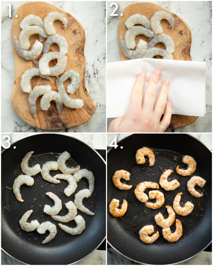 4 step by step photos showing how to pan fry prawns