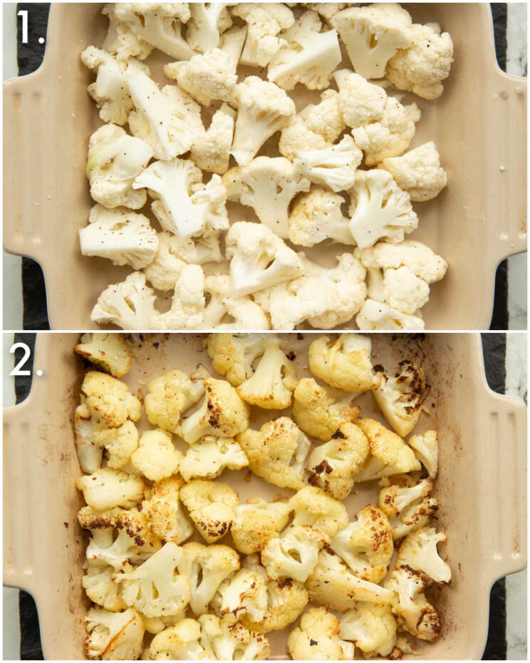 2 step by step photos showing how to roast cauliflower