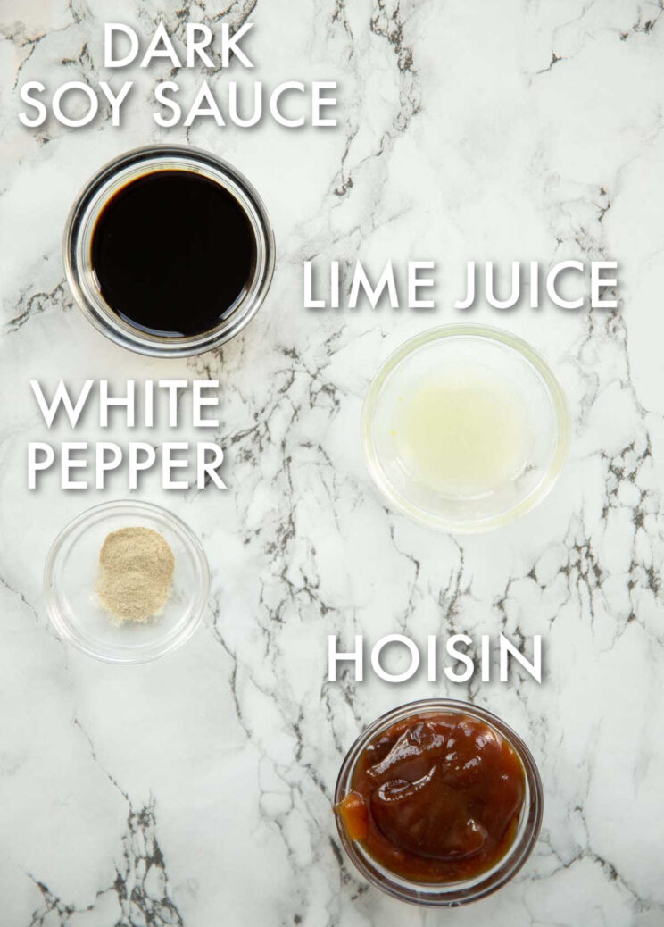 overhead shot of hoisin stir fry ingredients with text labels