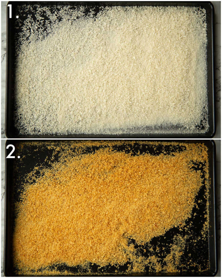 2 step by step photos showing how to bake panko breadcrumbs