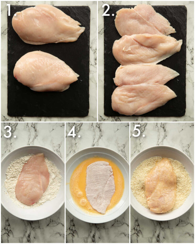5 step by step photos showing how to bread chicken