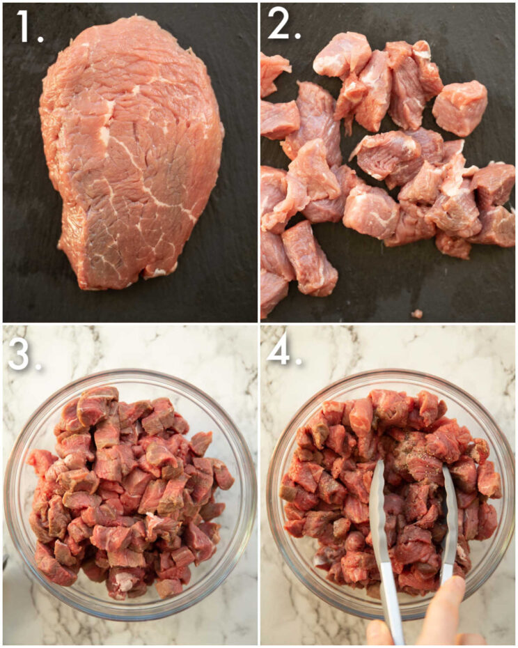 4 step by step photos showing how to cube beef