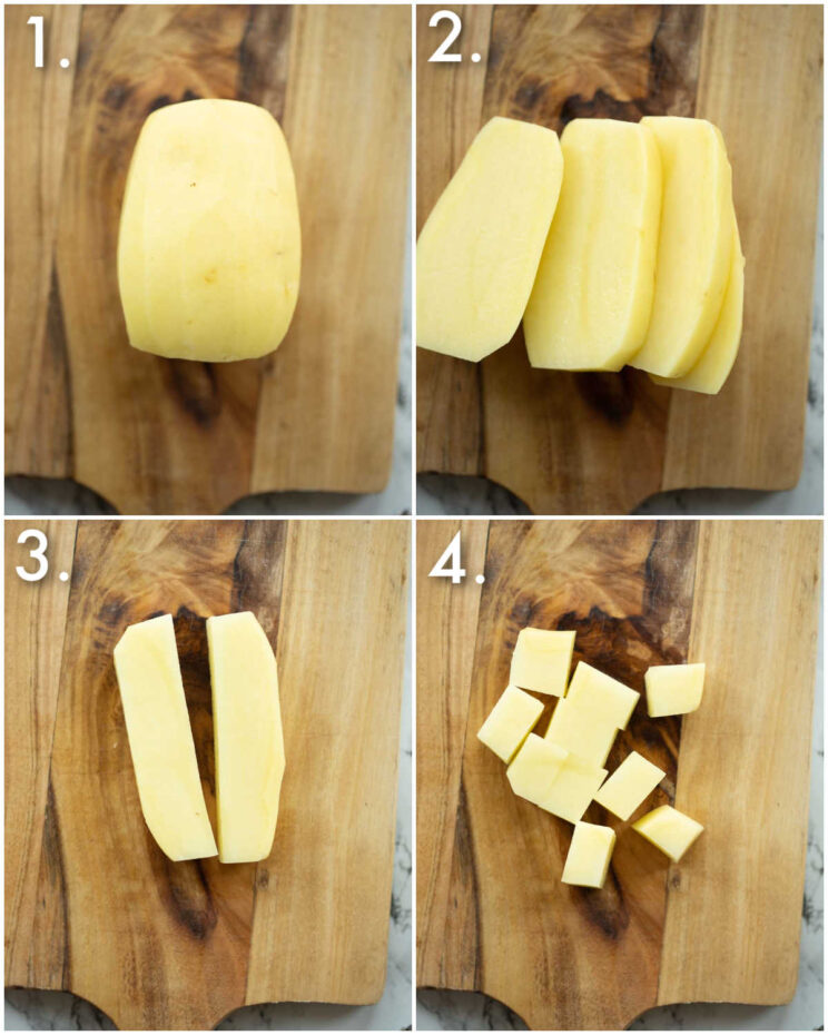 4 step by step photos showing how to cube potatoes