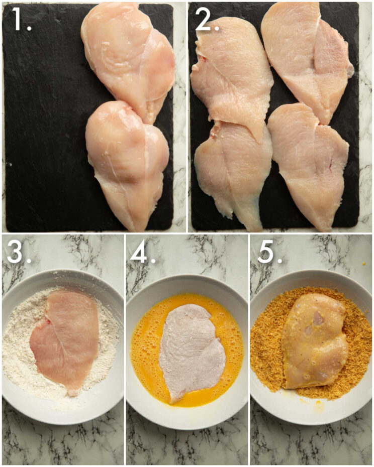 5 step by step photos showing how to make breaded chicken