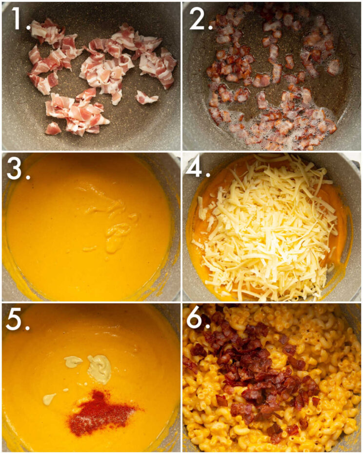 6 step by step photos showing how to make butternut squash mac and cheese