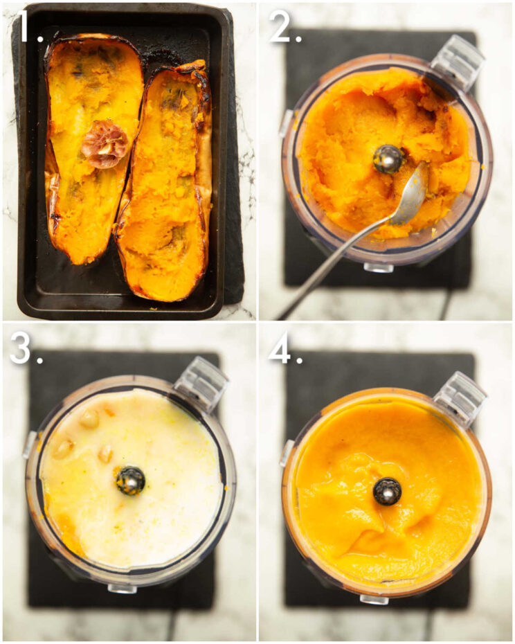 4 step by step photos showing how to make butternut squash sauce