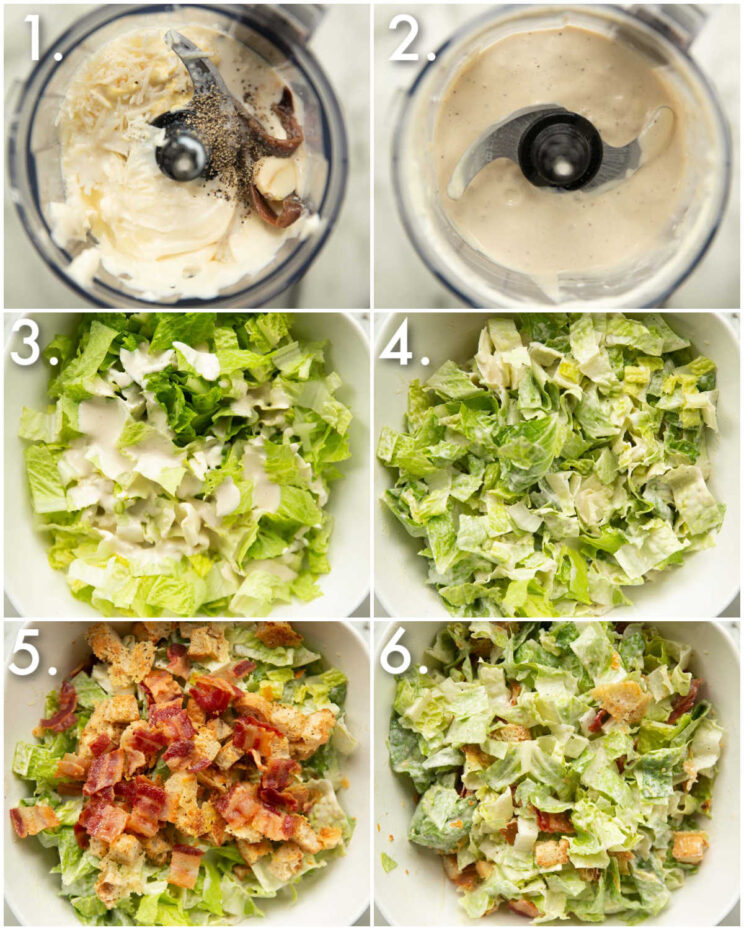 6 step by step photos showing how to make caesar salad