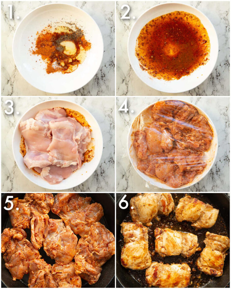 6 step by step photos showing how to make cajun chicken thighs