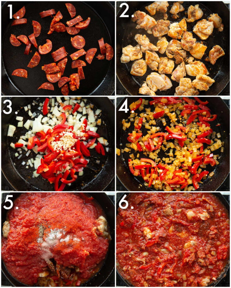 6 step by step photos showing how to make chicken chorizo bake