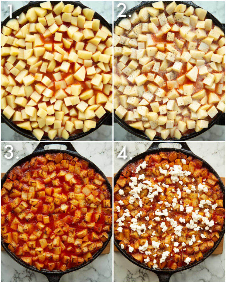 4 step by step photos showing how to make chicken chorizo potato bake