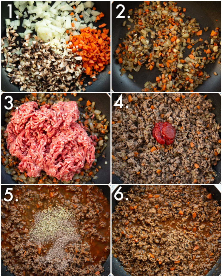 6 step by step photos showing how to make cottage pie filling