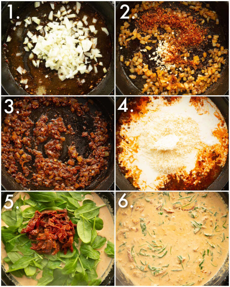 6 step by step photos showing how to make creamy cajun sauce