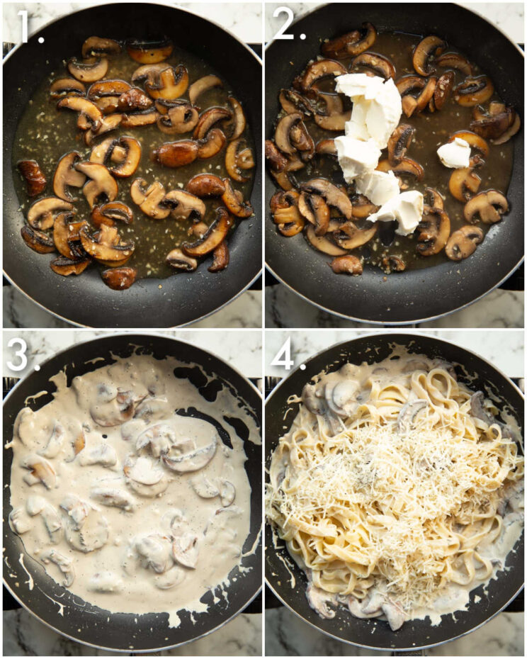 4 step by step photos showing how to make mushroom tagliatelle