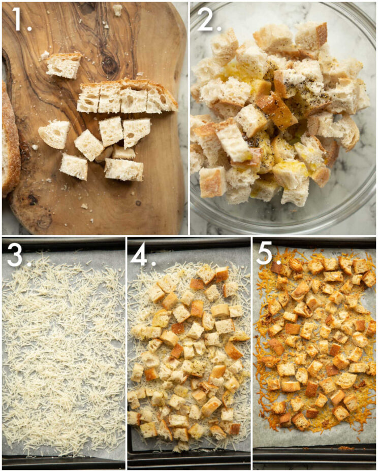 5 step by step photos showing how to make parmesan croutons