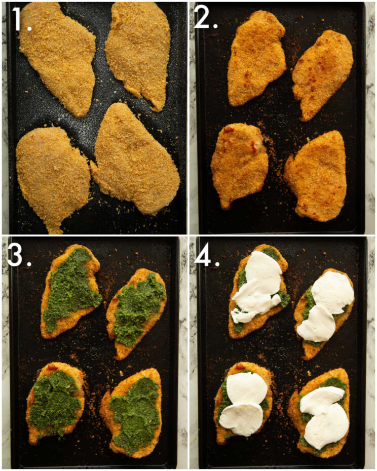4 step by step photos showing how to make pesto chicken