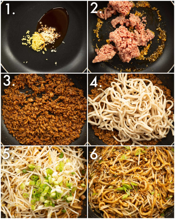 6 step by step photos showing how to make spicy pork noodles