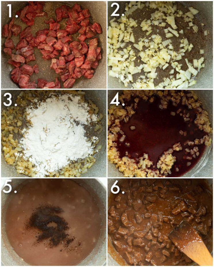 6 step by step photos showing how to make steak and gravy
