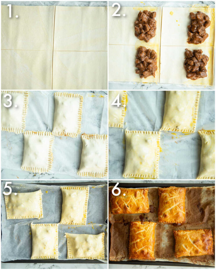 6 step by step photos showing how to make steak bakes
