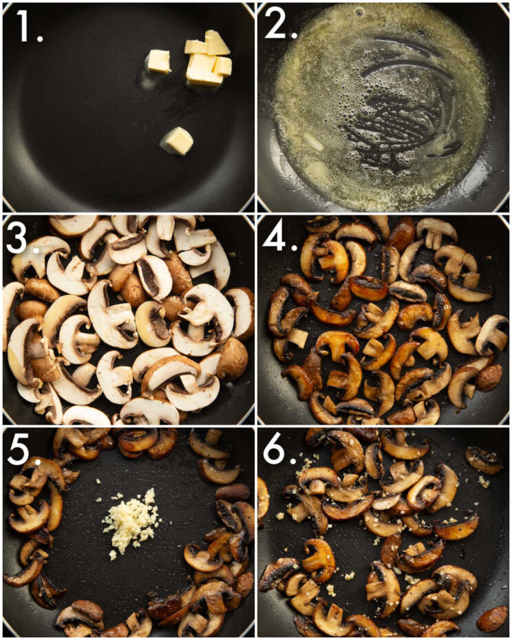 6 step by step photos showing how to pan fry mushrooms