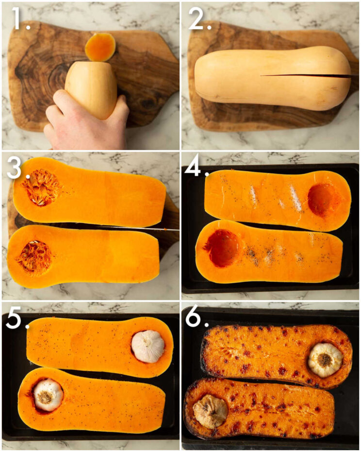6 step by step photos showing how to roast butternut squash