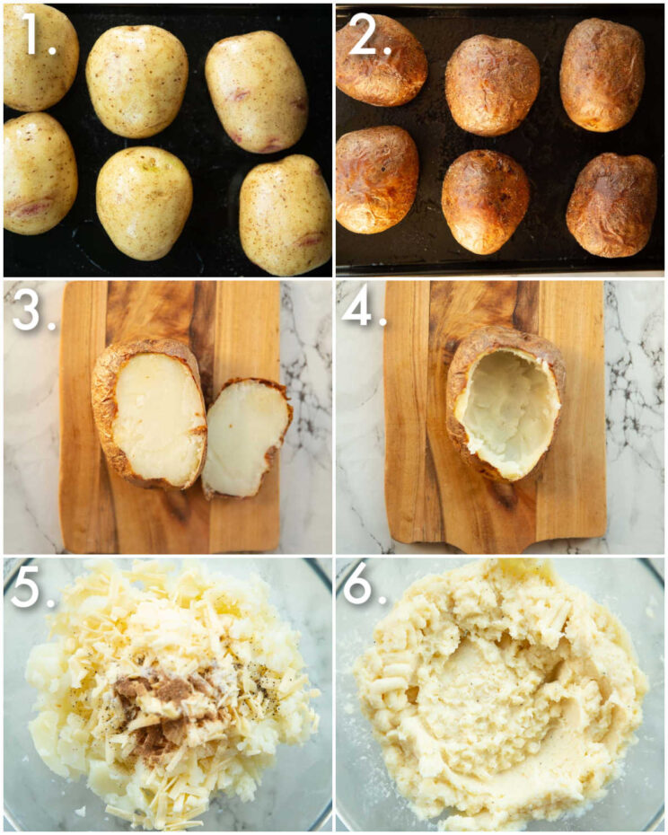 6 step by step photos showing how to scoop out baked potato