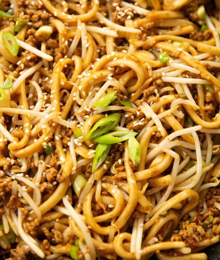 close up shot of spicy pork noodles in pan garnished with spring onion