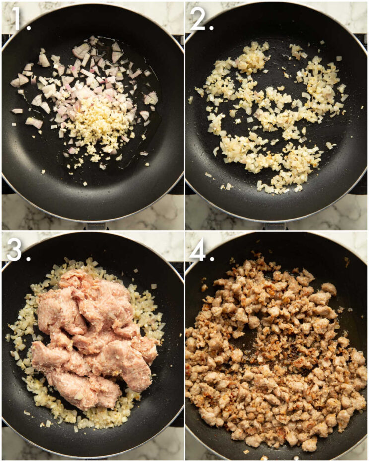 4 step by step photos showing how to fry sausage for pasta