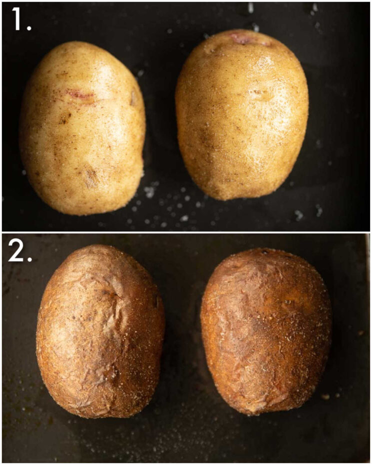 2 step by step photos showing how to make a jacket potato