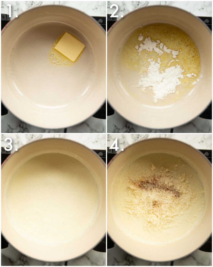 4 step by step photos showing how to make bechamel sauce